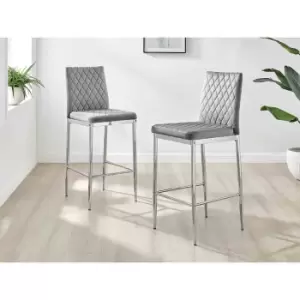 Image of Furniture Box 2X Milan Kitchen Bar Stools Grey Velvet Silver Legs