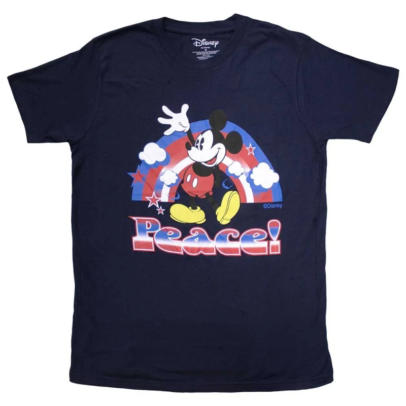 Image of Disney Mickey Mouse Peace Rainbow Logo T Shirt Navy unisex