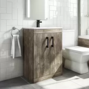 Image of 600mm Wood Effect Floorstanding Door Vanity Unit with Basin and Black Handle - Ashford