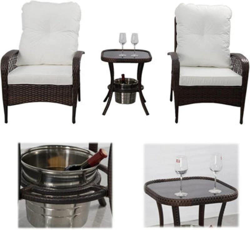 Image of 3 Pcs Patio Rattan Bistro Set, Outdoor Furniture Set With Ice Bucket Table