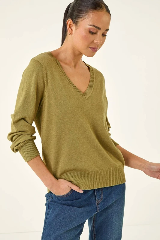 Image of Roman Womens Petite V-Neck Knit Jumper in Olive Size: 14 Olive Female 14