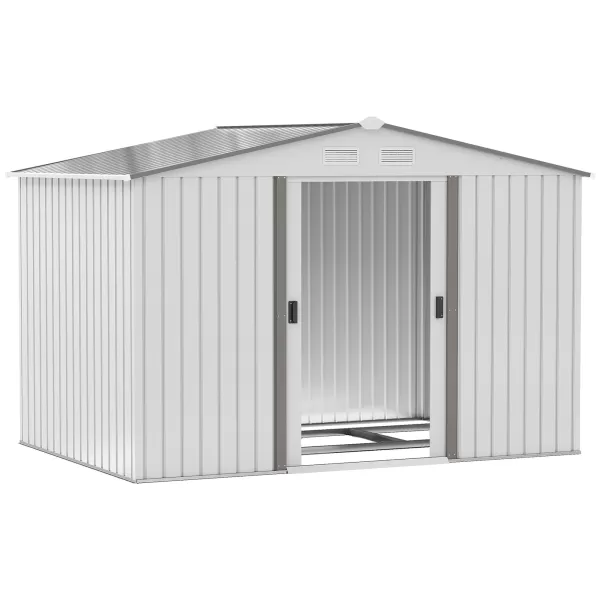 Image of Outsunny 9 x 6FT Garden Storage Shed, Metal Outdoor Storage Shed House with Floor Foundation, Ventilation & Doors, Grey