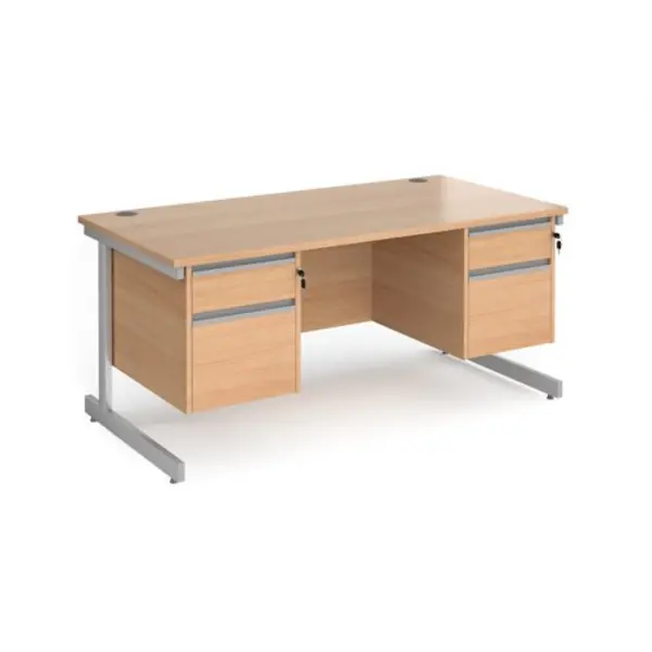 Image of Contract 25 Office Desk Rectangular Desk 1600mm With Double Pedestal Beech Top With Silver Frame 800mm Depth Contract 25 CC16S22-S-B Beech CC1