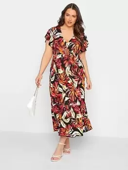Image of Yours Floral V-Neck Wrapped Dress With Hem Panel - Black & Orange, Black, Size 18, Women