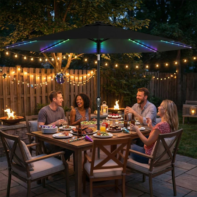 Image of OUTSUNNY 3m Garden Parasol Umbrella with LED Lights, Patio Umbrella in Black Size: 3m x 3m Black Unisex 3m x 3m