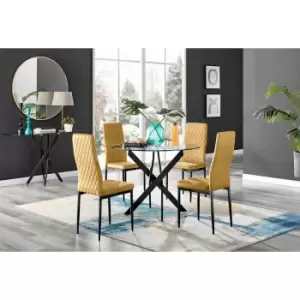 Image of Furniture Box Novara Black Leg Round Glass Dining Table and 4 Mustard Velvet Milan Black Leg Chairs
