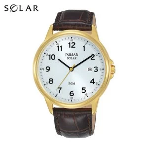Image of Pulsar PX3200X1 Mens Solar Brown Classic Leather Strap Gold Case 50M Watch