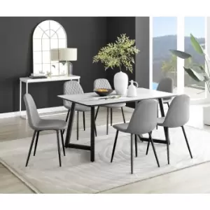 Image of Furniturebox UK - Furniturebox Carson White Marble Effect Rectangular 160cm Dining Table & 6 Grey Corona Faux Leather Dining Chairs with Black Legs