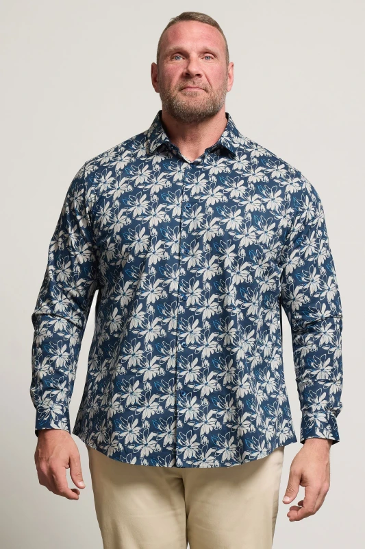Image of BadRhino BadRhino Men Premium Leaf Print Long Sleeve Shirt in Mid Navy Mid Navy One Size Male 5063589043559