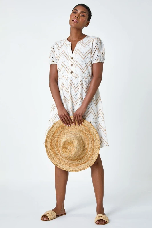 Image of Roman Zig-Zag Embroidered Cotton Tunic Dress Cream female