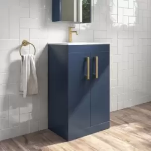 Image of 500mm Blue Freestanding Vanity Unit with Basin and Brushed Brass Handle - Ashford