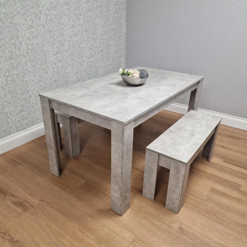 Image of KOSY KOALA Dining Table and 2 Benches Stone Grey Effect Wood Table 2 Grey Benches Dining Room Furniture Stone grey 140 + 2 stone grey benches