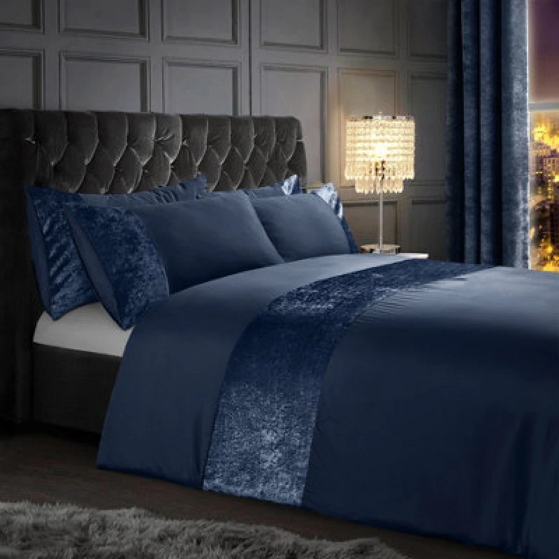 Image of Intimates Luxurious Crushed Velvet Duvet Cover & Pillowcase Set, Sophisticated Style Bedding Set, Soft Touch Fabric, Machine Washable - Navy