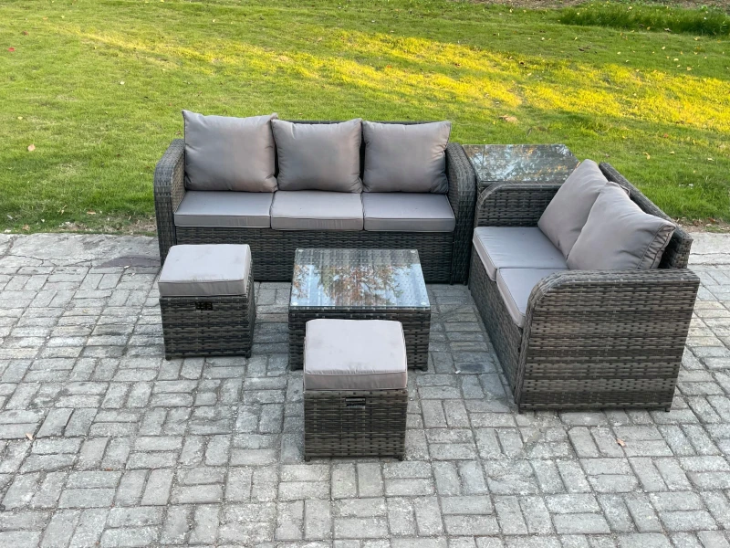 Image of Fimous PE Rattan Garden Furniture Sets 7 Seater Outdoor Lounge Sofa Set Square Coffee Table 2 Small Footstools Side Table Dark Grey