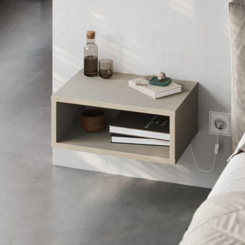 Image of Decortie Modern Floating Bedside Table W/ LED Lights 45Cm Wall-Mount Nightstand End Table Open Shelf Bedroom Sandstone, Sonoma Oak