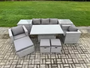 Image of Fimous 5 Seater Outdoor Light Grey Rattan Lounge Complete Sofa Set with 2 Side Tables, 2 Stools and Big Footstool