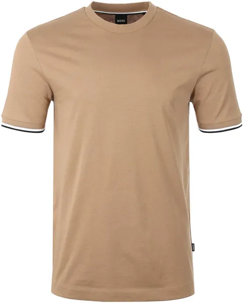Image of Boss Cotton-jersey T-Shirt with Signature-stripe Cuffs Regular Fit T-Shirts Small Beige 62828504350