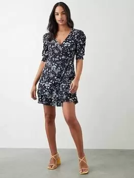 Image of Dorothy Perkins Ditsy Print Wrap Mini Dress - Navy, Blue, Size 10, Women