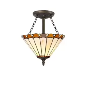 Image of Middleburgh 3 Light Semi Flush Ceiling E27 With 30cm Tiffany Shade, Amber, Crystal, Aged Antique Brass