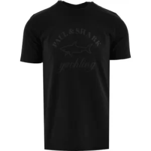 Image of Paul and Shark Black Tonal Logo Printed T-Shirt