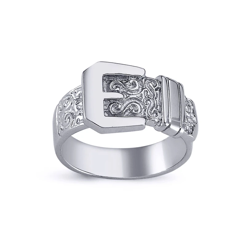 Image of Jewelco London Mens Rhodium Plated Silver Round CZ Carved Buckle Love Ring 12mm - ARN093 Silver