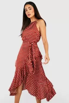 Image of Satin Polka Dot Frill Detail Midi Dress