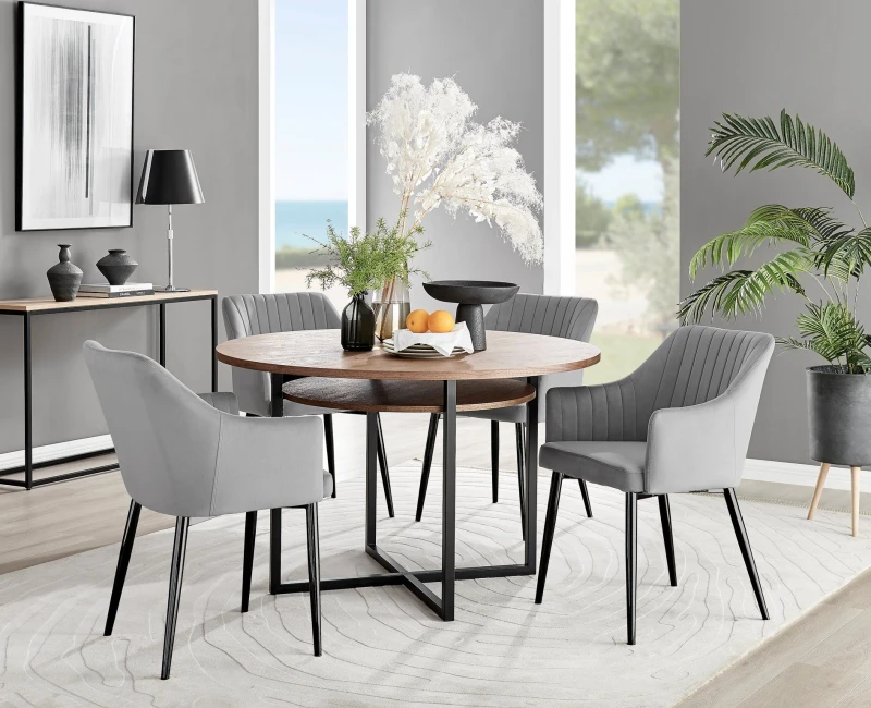 Image of FurnitureboxUK FurnitureboxUK Adley Brown Wood Storage Dining Table & 4 Calla Black Leg Chairs in Grey Grey One Size Unisex 5056542686771