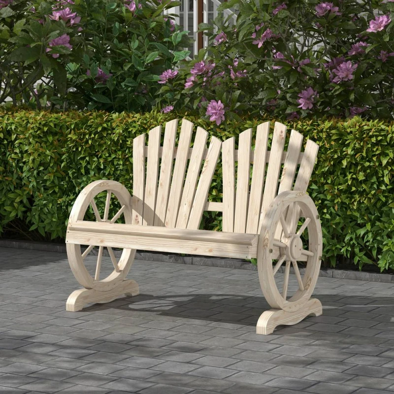 Image of Outsunny 2 Seater Garden Bench w/ Wheel-Shaped Armrests Natural Wood, Multi 84B-406V00ND