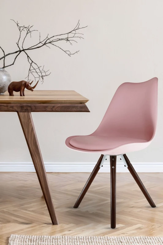Image of Fusion Living Soho Plastic Dining Chair with Pyramid Dark Wood Legs Dusty Pink