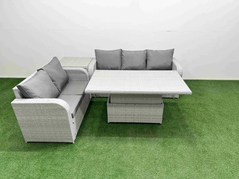 Image of Fimous 5 Seater PE Rattan Wicker Garden Furniture Patio Conservatory Sofa Set with Adjustable Lifting Dining or Coffee Table 3 Seater Sofa Love Sofa S