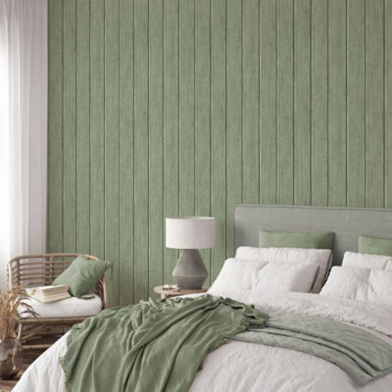 Image of Yes-Online Fine Decor Painted Wood Panel Green Wallpaper Paste The Paper Washable Plank