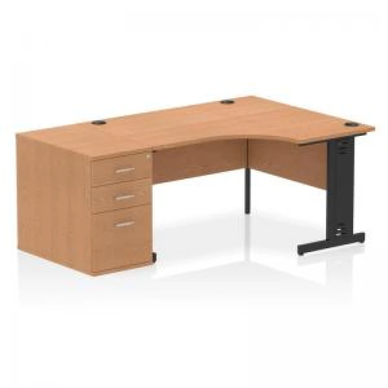 Image of Impulse Impulse 1400mm Right Crescent Office Desk Oak Top Black Cable Managed Leg Workstation 800 Deep Desk High Pedestal IWSRC148BCMOAK