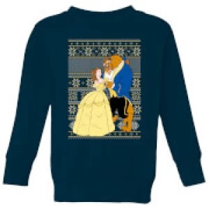 Image of Disney Classic Beauty and The Beast Pattern Kids Christmas Sweatshirt - Navy - 9-10 Years