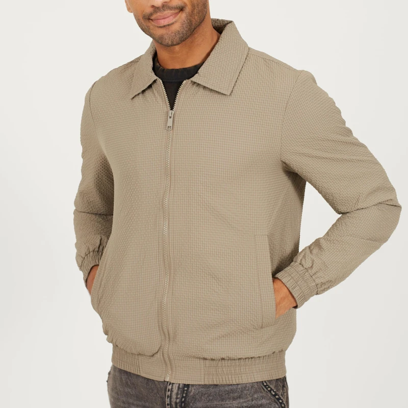 Image of Brave Soul Mens Taupe Seersucker Long Sleeve Harrington Jacket Taupe male Small