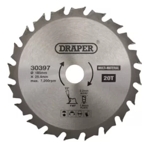 Image of Draper TCT Multi Purpose Circular Saw Blade, 185 x 25.4mm, 20T