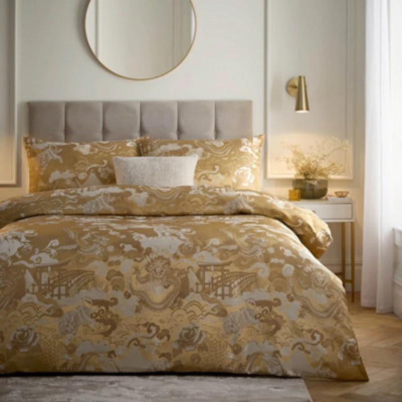 Image of Paoletti Paoletti Baransu Jacquard Duvet Cover Set in Gold Size: Double Gold Double Unisex 5025532364746