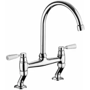 Image of Kitchen Sink Tap Dual Lever Mono Bridge Chrome White Mixer Tap Swivel Spout