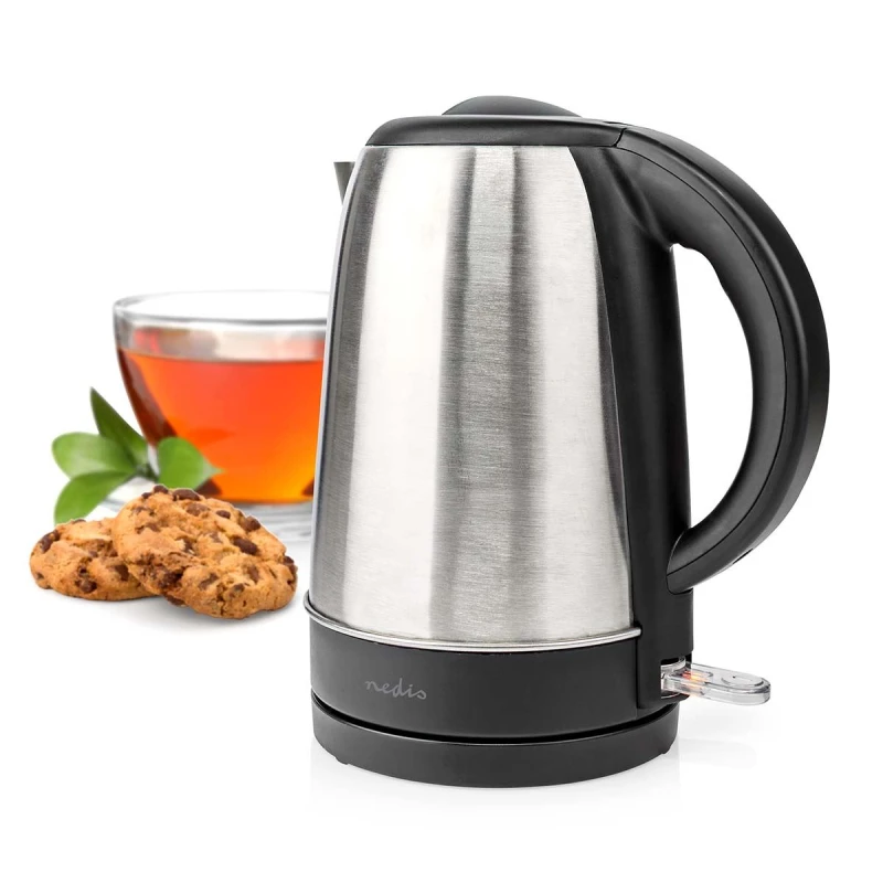 Image of Nedis Electric Kettle, 1.7L, 2200W, Stainless Steel Jug with Quick Boil Time, Boil Dry Protection and Auto Shut Off, Cordless 360° Swivel Base, for Ho