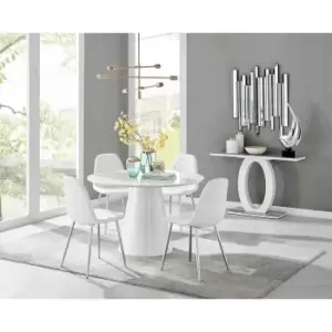 Image of Furniture Box Palma White High Gloss Round Dining Table and 4 White Corona Silver Chairs