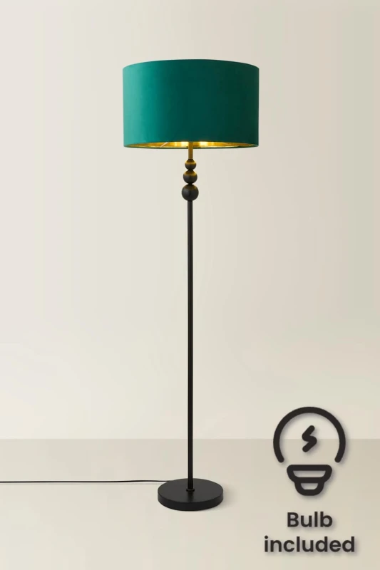 Image of ValueLights ValueLights Marissa Black Stacked Ball Floor Lamp with Velvet Drum & Gold Inner Shade & Bulb in Bottle Green Bottle Green One Size Unisex