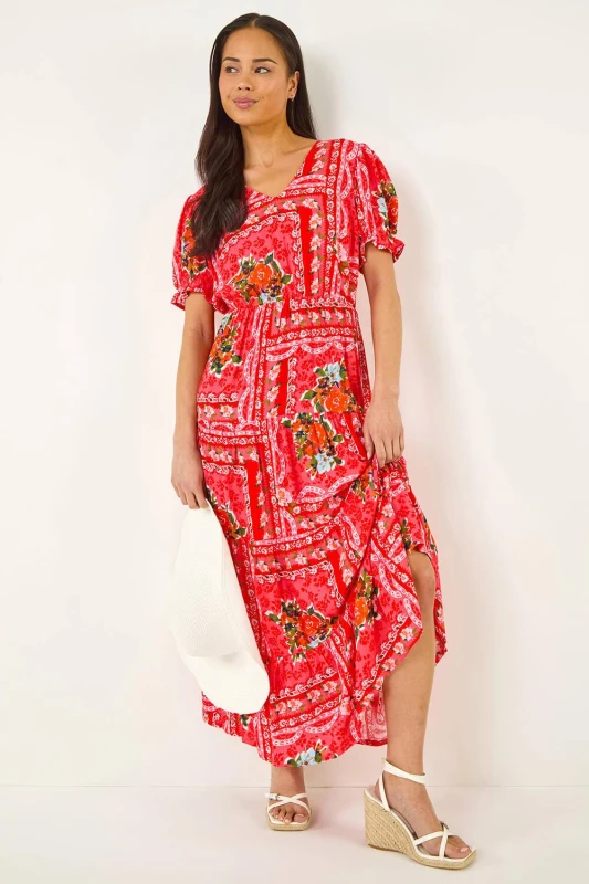 Image of Roman Womens Petite Abstract Print Midi Dress in Red Size: 16 Red Female 16