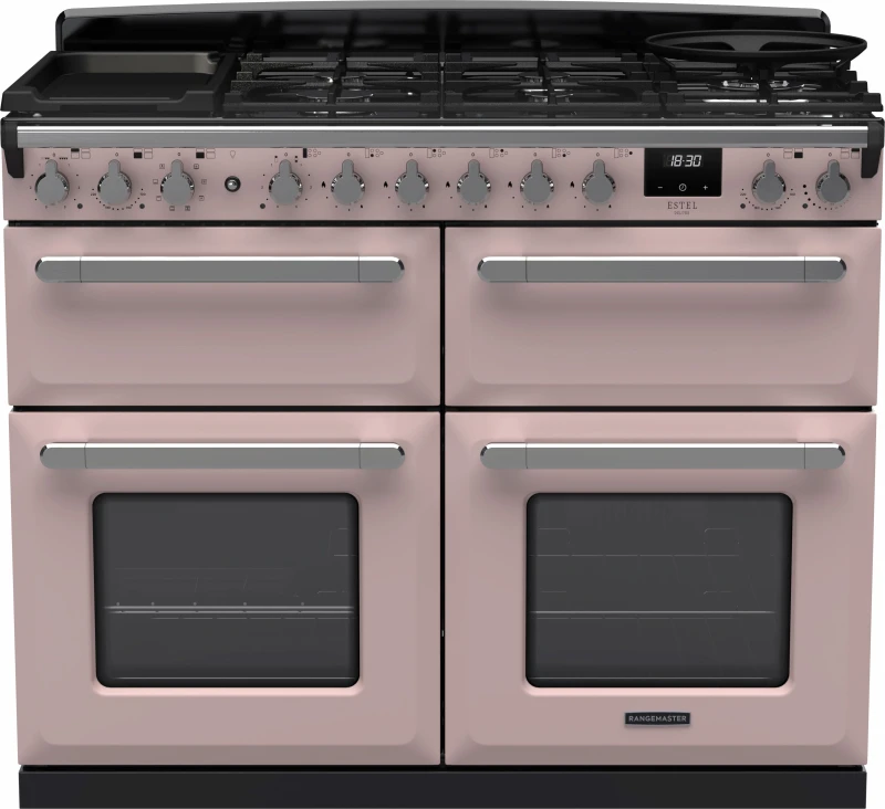 Image of Rangemaster Estel Deluxe ESDLB110DFPPPK/CM1 110cm wide Dual Fuel Range Cooker with Gas Hob - Pale Pink / Chrome - A/A Rated