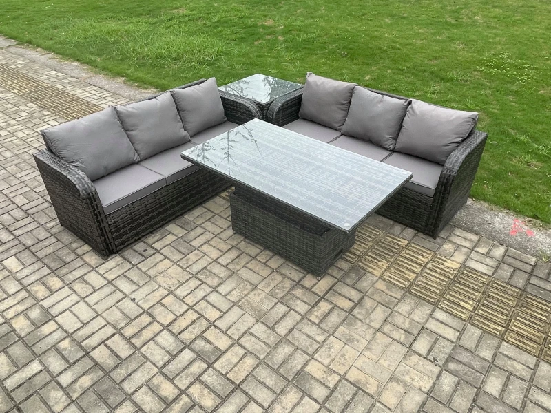 Image of Fimous Outdoor Rattan Garden Furniture Lounge Sofa Set with Height Adjustable Rising lifting Dining Table Dark Grey Mixed Dark Grey