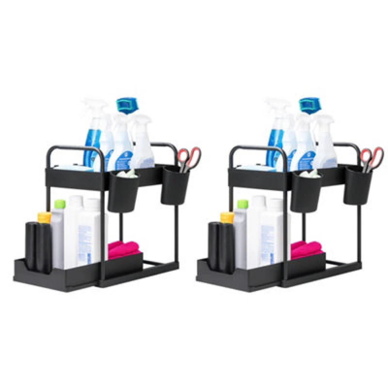 Image of Innoteck Essentials 2-Tier Under Sink Organiser With 4 Hooks And 2 Cups - Black (Pack Of 2)