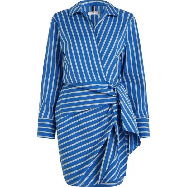Image of Tommy Hilfiger Stripe Wrap Shirt Mini Dress - Blue 6