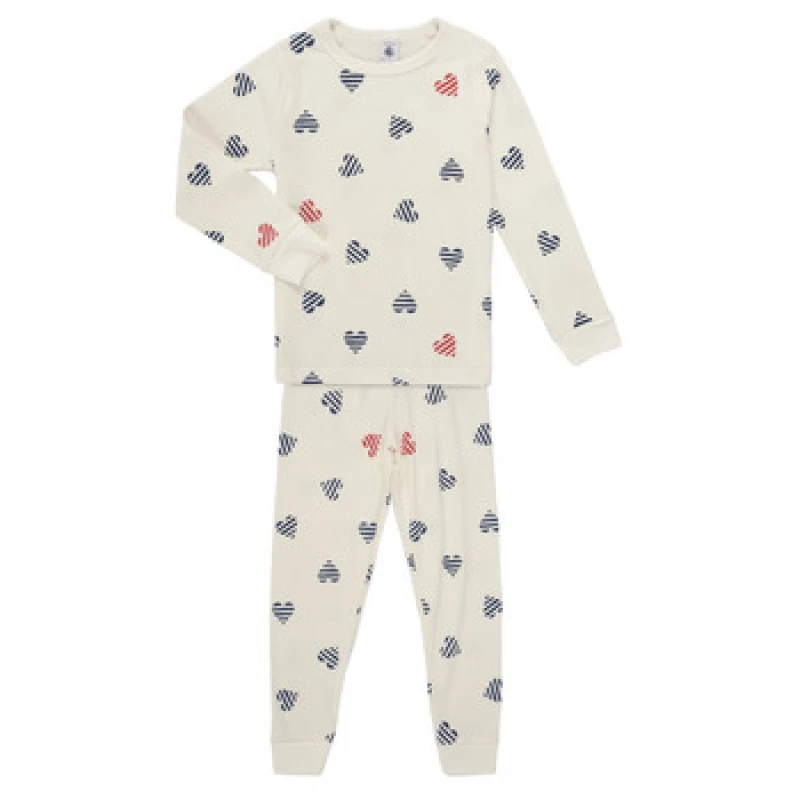 Image of PETIT BATEAU Cotton Heart Print Pyjamas with Long Sleeves White Baby 3Y (94CM);5Y (108CM);4Y (102CM);12Y (150CM);10Y (138CM);8Y (126CM);6Y (114CM)