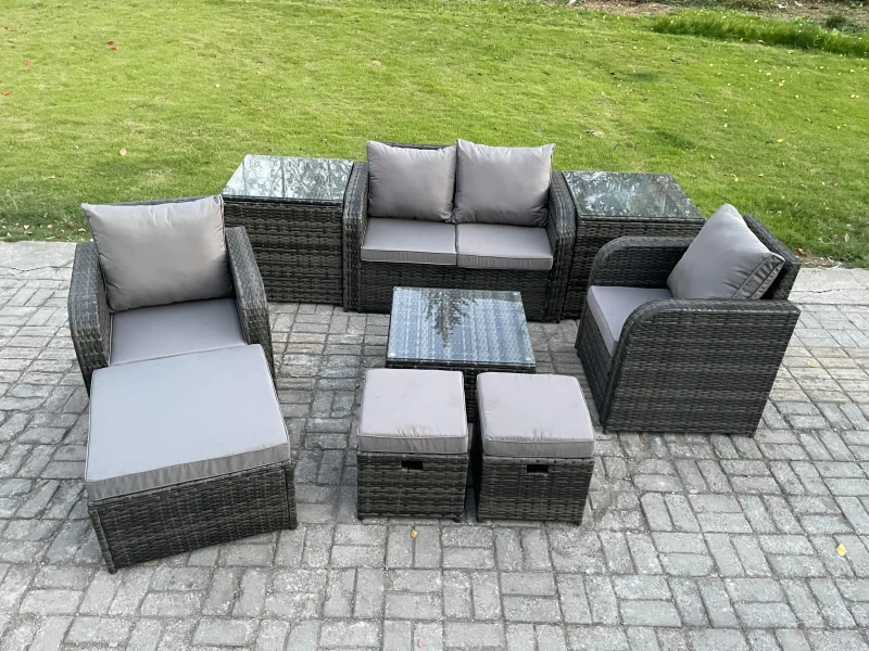 Image of Fimous Rattan Garden Furniture Set Patio Conservatory Indoor Outdoor 9 Piece Set with Love Sofa Square Coffee Table Dark Grey
