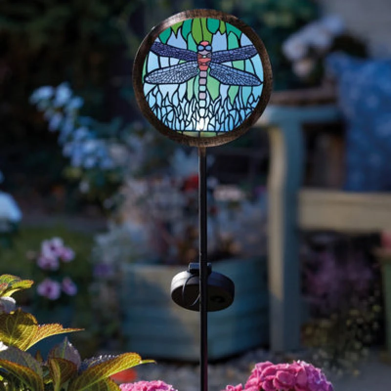 Image of SMART GARDEN Smart Garden Tiffany Style Dragonfly Post Stake Bollard Ground Path Solar Light 1012080