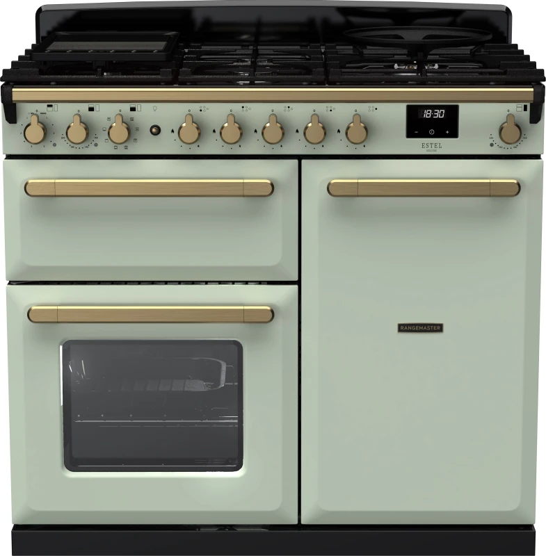 Image of Rangemaster Estel Deluxe ESDL100DFPMNT/AB1 100cm wide Dual Fuel Range Cooker with Gas Hob - Mint / Antique Brass - A/A Rated