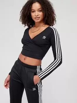 Image of adidas Originals Long Sleeve Wrap Crop T-Shirt - Black, Size 8, Women